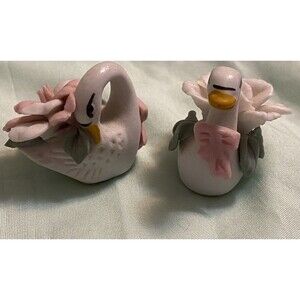 Vintage Miniature Porcelain White Swans With Flowers Figurine Set of (2) Mini